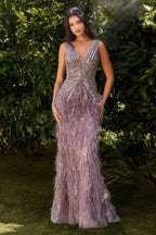 Beaded & Feather Fitted Gown Purplish Diva
