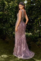Beaded & Feather Fitted Gown Purplish Diva