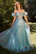Blue Floral Printed Ball Gown Purplish Diva