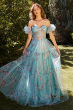 Blue Floral Printed Ball Gown Purplish Diva
