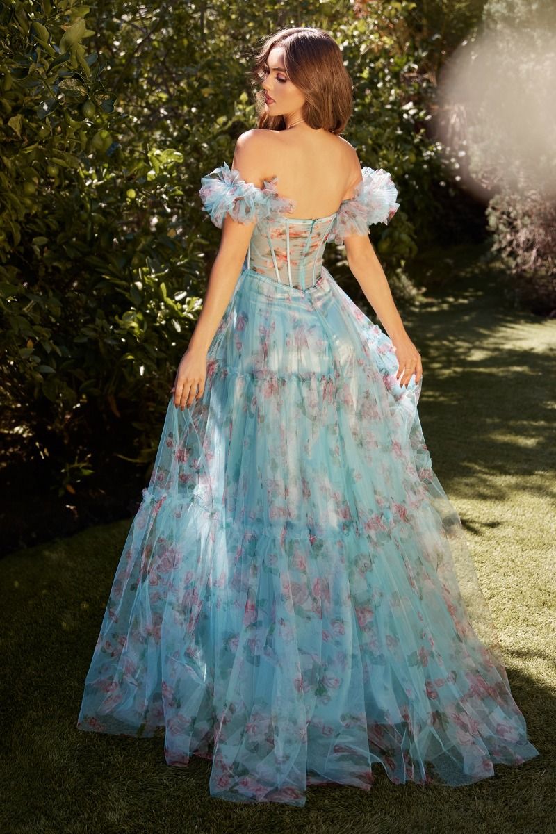 Blue Floral Printed Ball Gown Purplish Diva