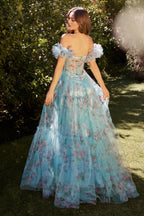 Blue Floral Printed Ball Gown Purplish Diva