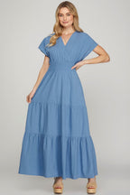 Surplice Short Sleeve Tiered Maxi Dress With Pockets For Women – Elegant, Versatile, Comfortable and Functional with Flattering Surplice Neckline and Tiered Design for Effortless Style Stevvex