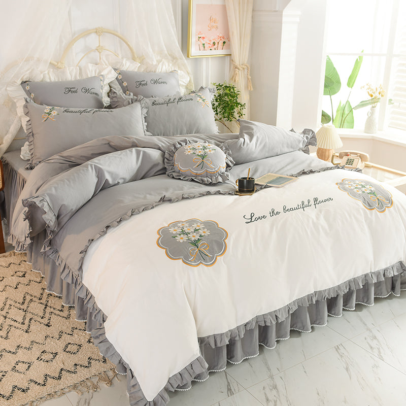 Summer Ruffled Cotton Four-piece Set Girl Heart Embroidery Flower Quilt Cover Pi-Mart