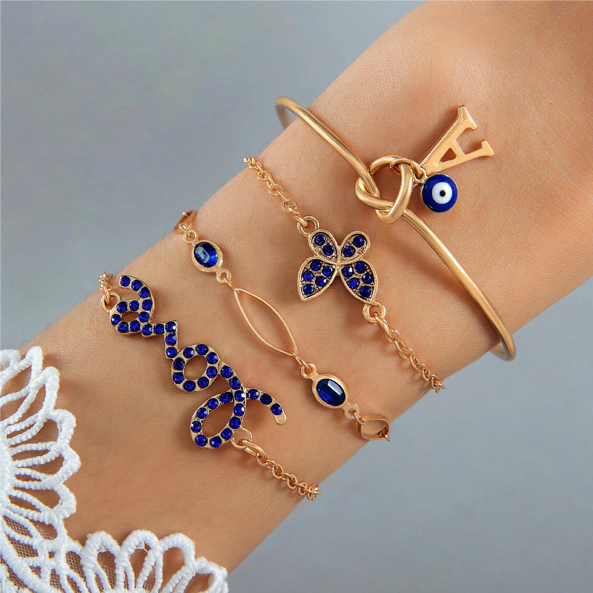 4pcs Blue Flower Love Butterfly Bracelet Set With Rhinestones Design Valentines Day Pi-Mart