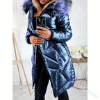 Glossy PU Big Fur Collar Slim Mid-length Long-sleeved Zipper Fashion Warm Cotton Jacket Women