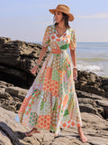 Printed Smocked Waist Short Sleeve Maxi Dress Elegant & Flowy Boho Style Dresses For Women