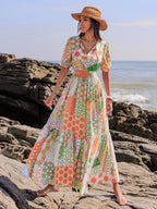 Printed Smocked Waist Short Sleeve Maxi Dress Elegant & Flowy Boho Style Dresses For Women
