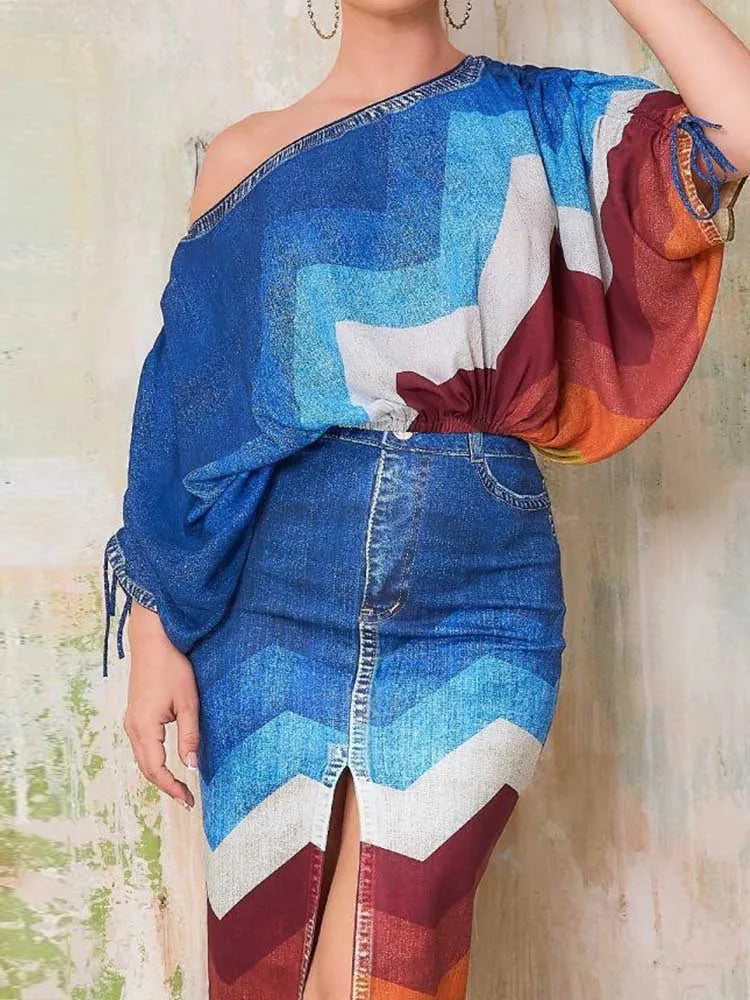 2 Piece Outfit Set Women Streetwear Summer Outfits with Skirts Fake Denim Print Elegant Chic Open Split Skirt Long Sexy Female Purplish Diva
