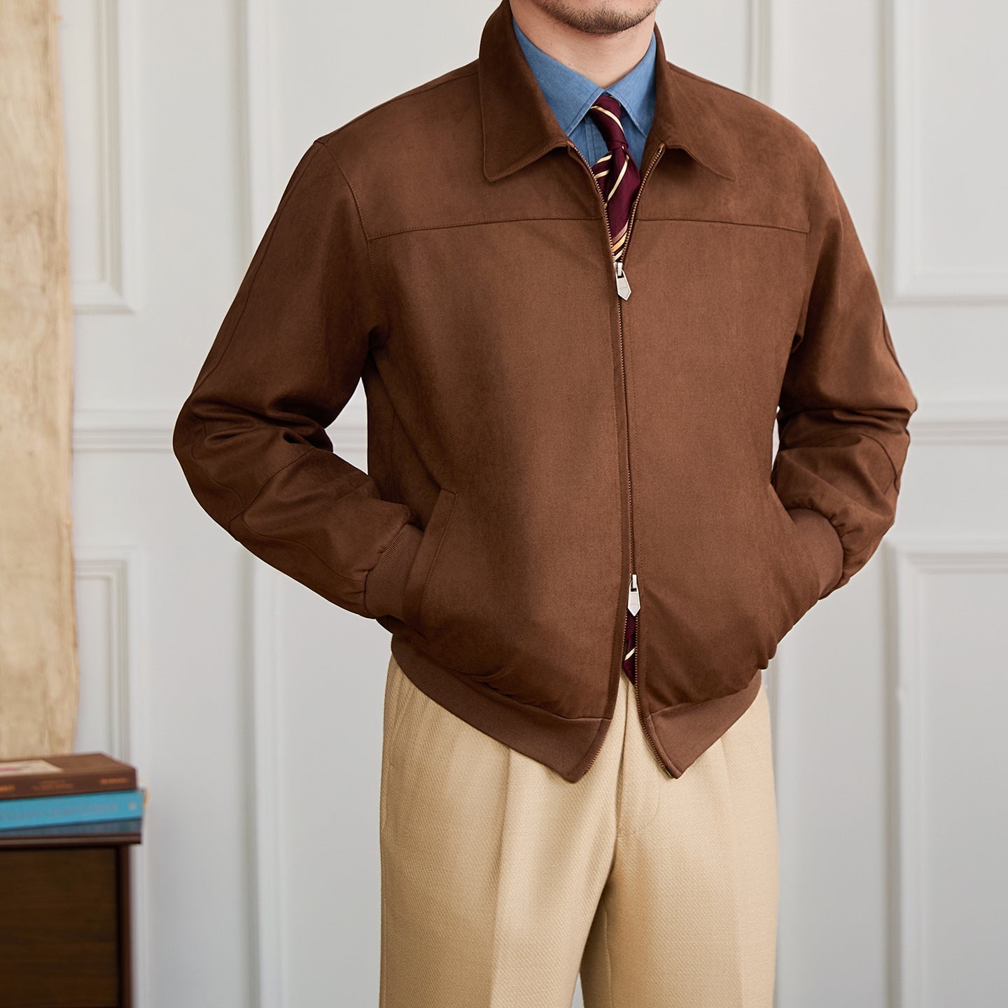 Suede Bomber Jacket Men's Casual Turn-down Collar Coat Pi-Mart
