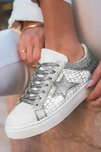 Gold Glitter Star Patchwork PU Leather Lace-up Sneakers