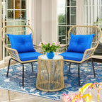 3-Piece Outdoor Patio Furniture Wicker Bistro Set, All-Weather Rattan Conversation Chairs for Backyard, Balcony and Deck with Soft Cushions, Glass Side Table (Light Brown+Navy Blue)