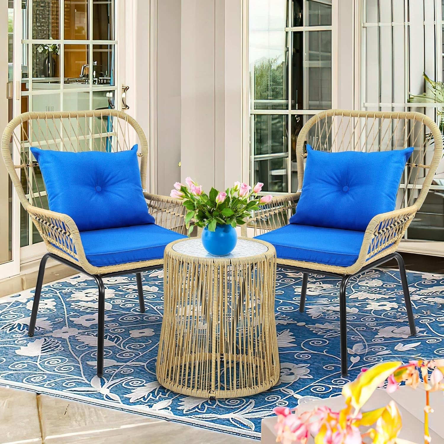 3-Piece Outdoor Patio Furniture Wicker Bistro Set, All-Weather Rattan Conversation Chairs for Backyard, Balcony and Deck with Soft Cushions, Glass Side Table (Light Brown+Navy Blue)