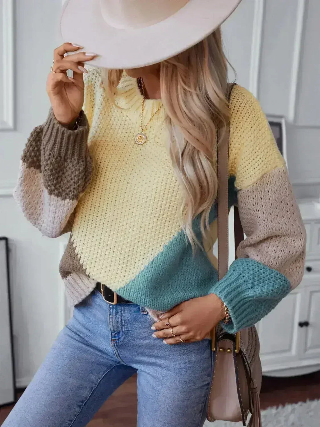 Color Block Round Neck Dropped Shoulder Sweater - SJB-DIAMOND ELITES