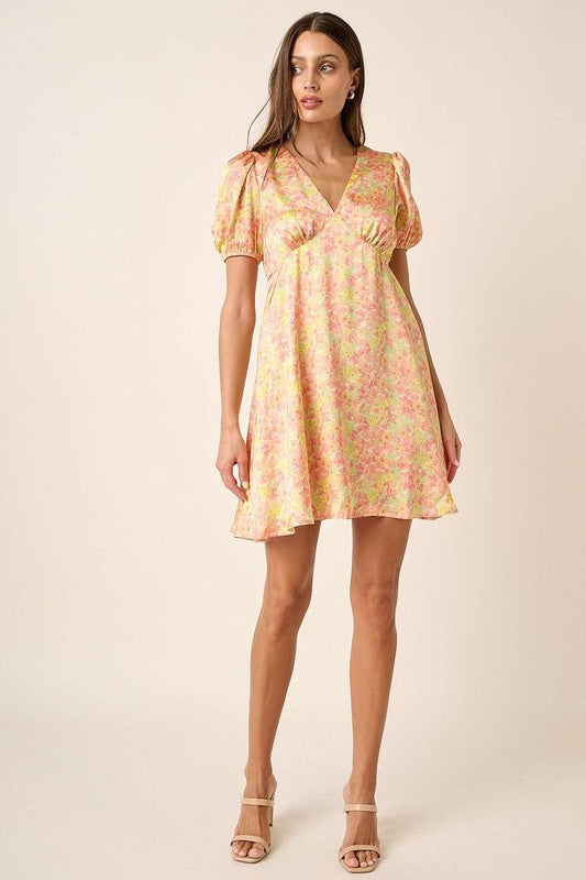 New Summer printed V-Neck Puff Sleeve Mini Dress – Trendy Floral Print with Ruched Detailing and Dramatic Puff Sleeves for a Feminine, Fashion-Forward Look Stevvex