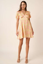 New Summer printed V-Neck Puff Sleeve Mini Dress – Trendy Floral Print with Ruched Detailing and Dramatic Puff Sleeves for a Feminine, Fashion-Forward Look Stevvex
