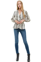 Snake V neck Button Front Peplum Long Sleeve Blouse Top | Femstylo - SJB-DIAMOND ELITES