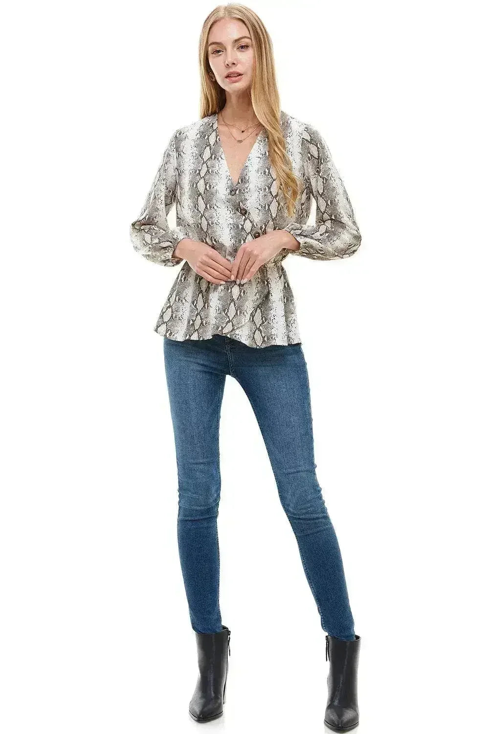 Snake V neck Button Front Peplum Long Sleeve Blouse Top | Femstylo - SJB-DIAMOND ELITES