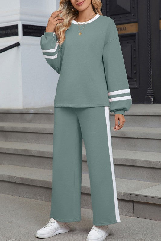 Varsity Stripe Pullover and Drawstring Pant Set THRIXINE