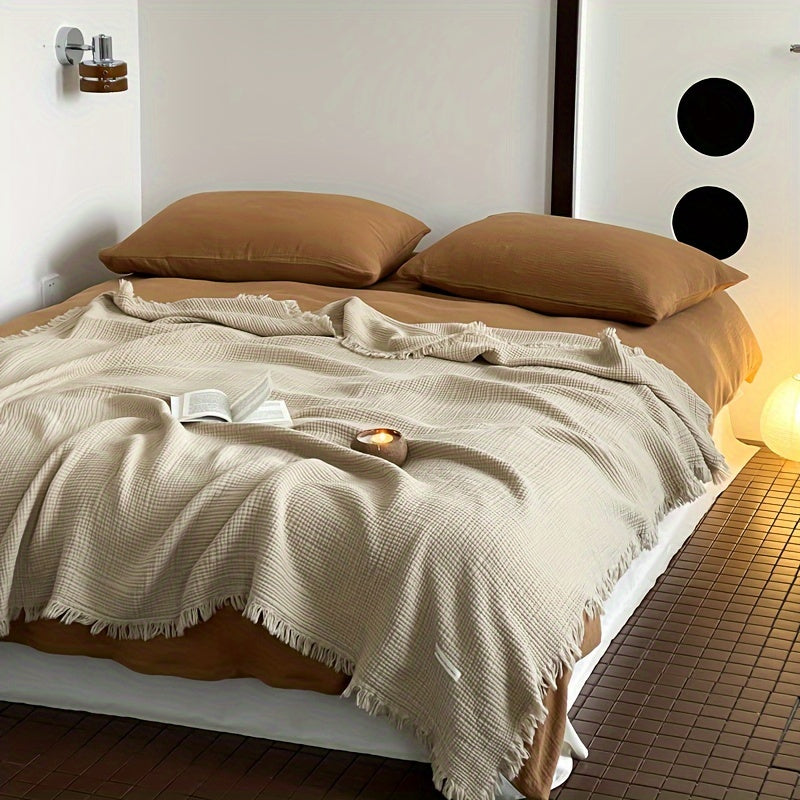 1pc Cotton Crinkle Tassel Blanket Solid Color Nap Blanket Leisure Travel Sofa Bed Blanket