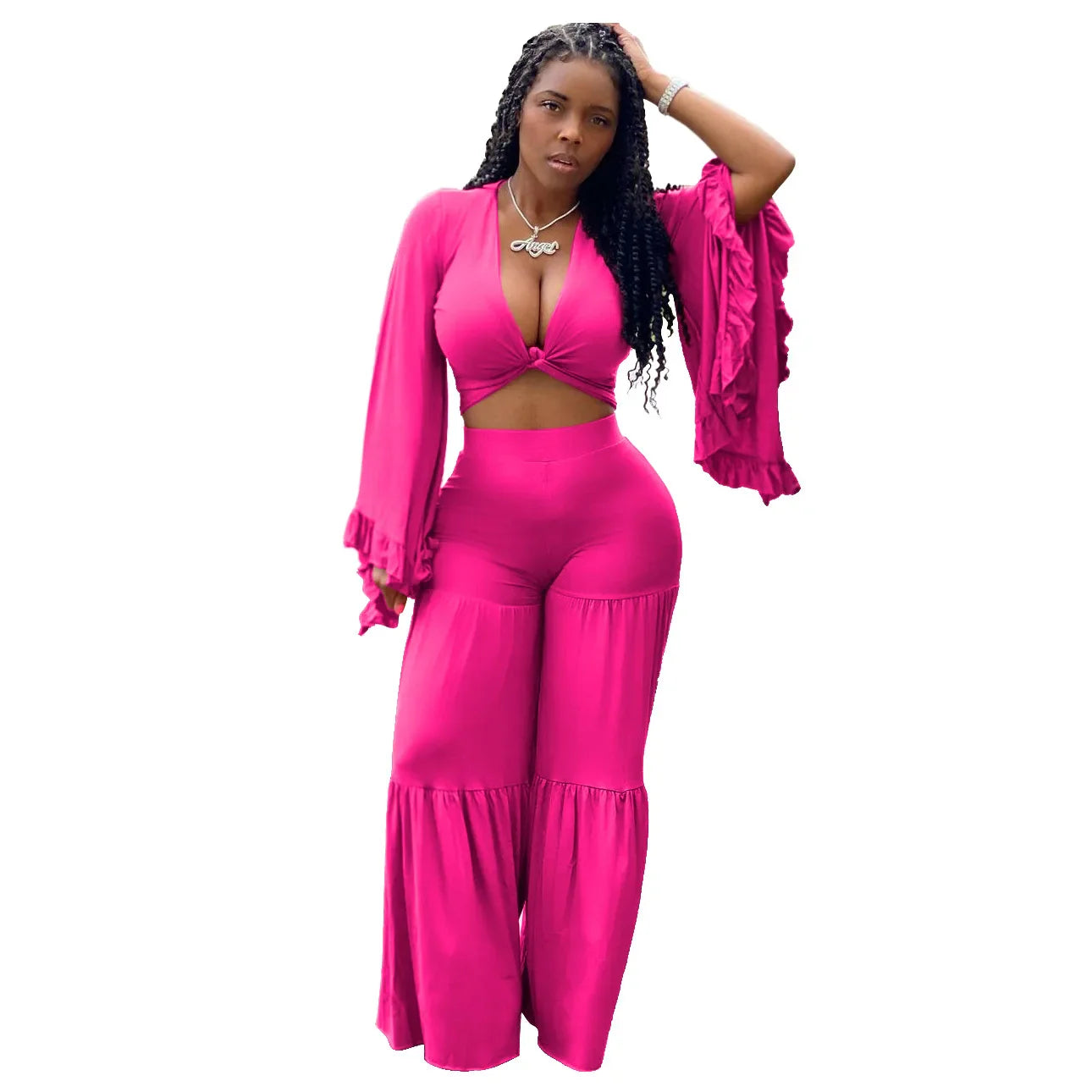 Casual Spring And Autumn For Women's Solid Color Long Sleeved Chest Wrap Top and Wide Leg Trousers Female Office 2 Piece Set Purplish Diva