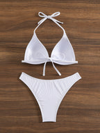 Bikini Rib Knit Solid Color Triangle 2 Piece Swimsuit for Women – Adjustable Tie Back Halter Bikini Set with Spaghetti Straps – High Stretch Polyester Swimwear for Summer Beachwear Poolside Relaxation and Tropical Vacation