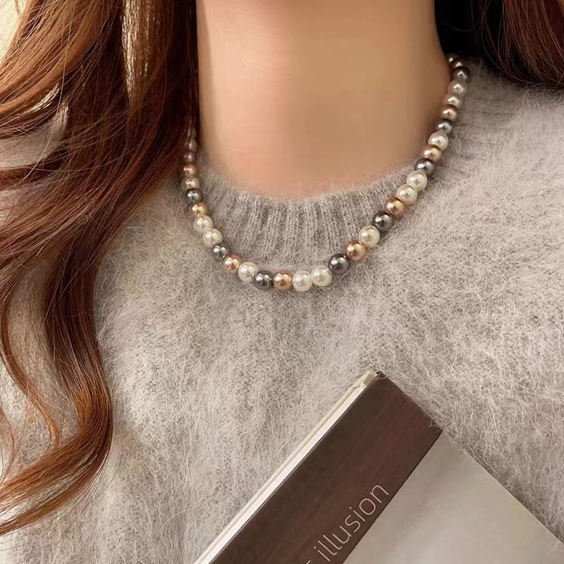 Womens Mixed-Color Glass Pearl Necklace Jewelry Pi-Mart