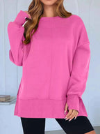 Side Slit Round Neck Long Sleeve Sweatshirt THRIXINE