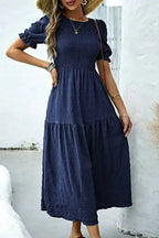 Sail Blue Solid Textured Smocked High Waist Midi Dress