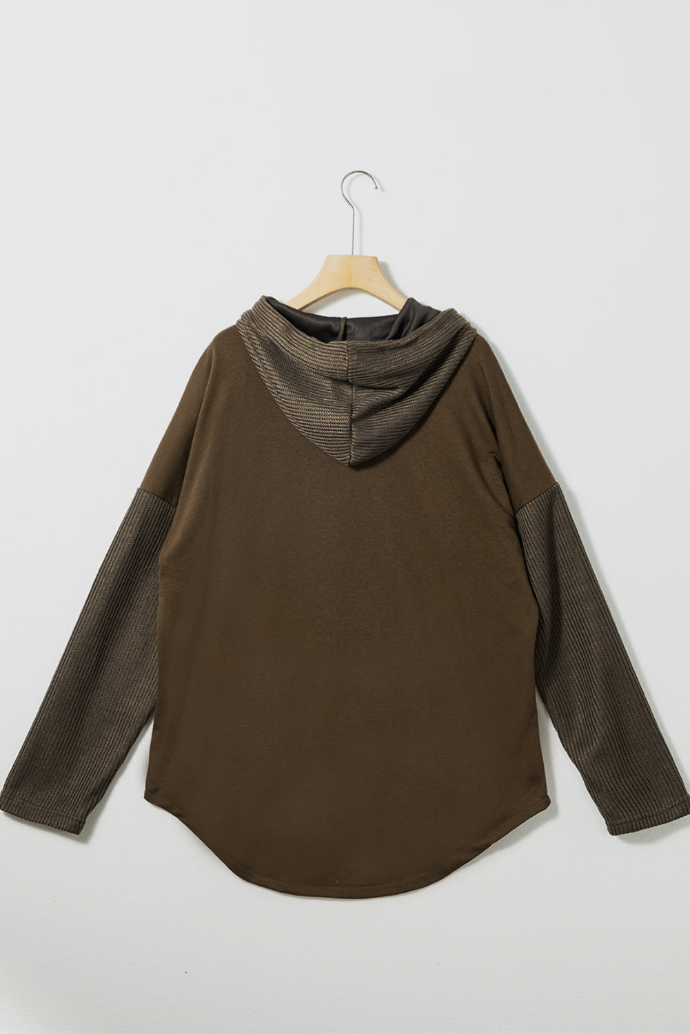 Dark Brown Button Up Contrast Knitted Sleeves Hooded Jacket Lootquake LLC