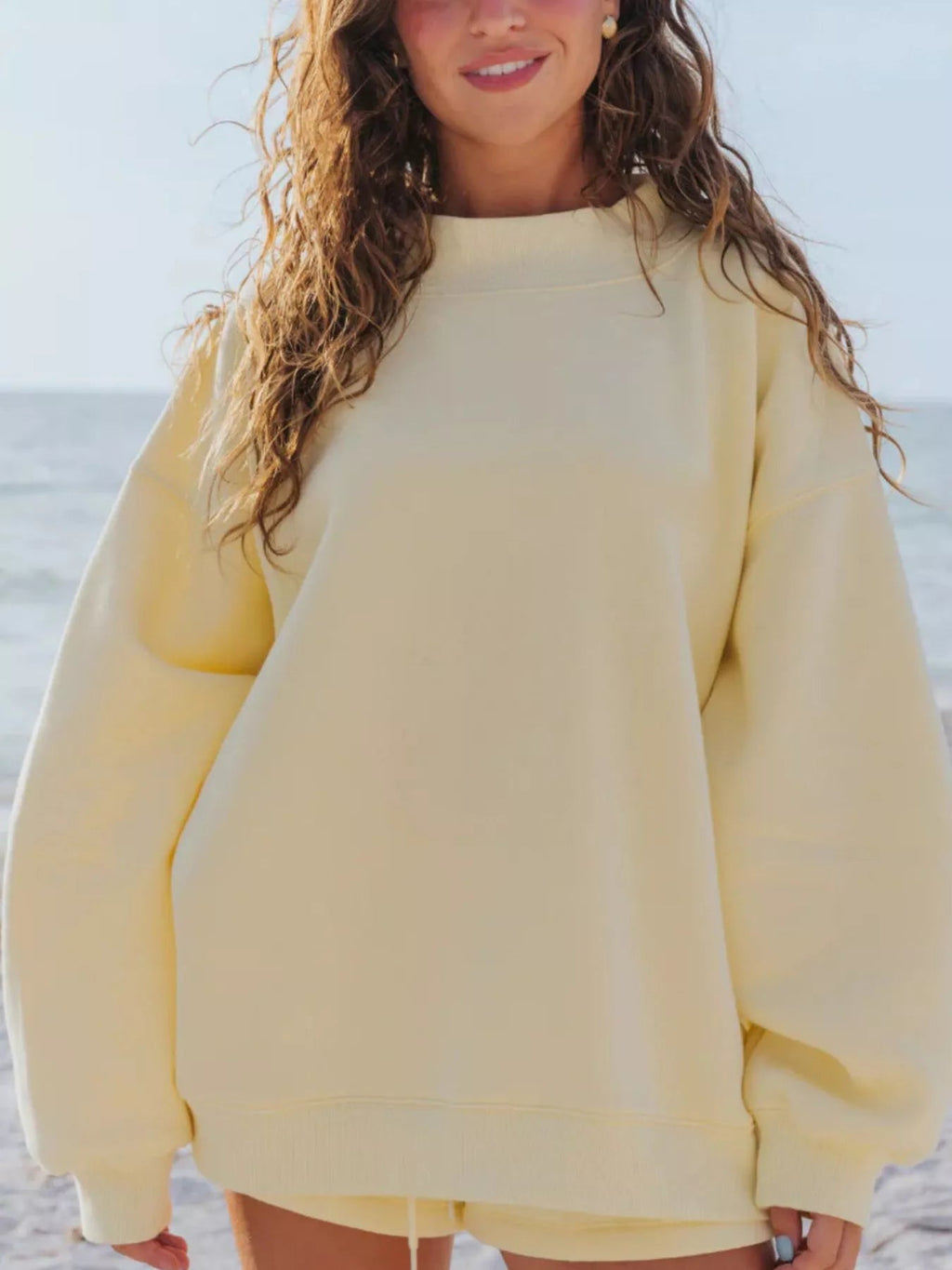 Relaxed Fit Round Neck Sweatshirt and Shorts Set THRIXINE