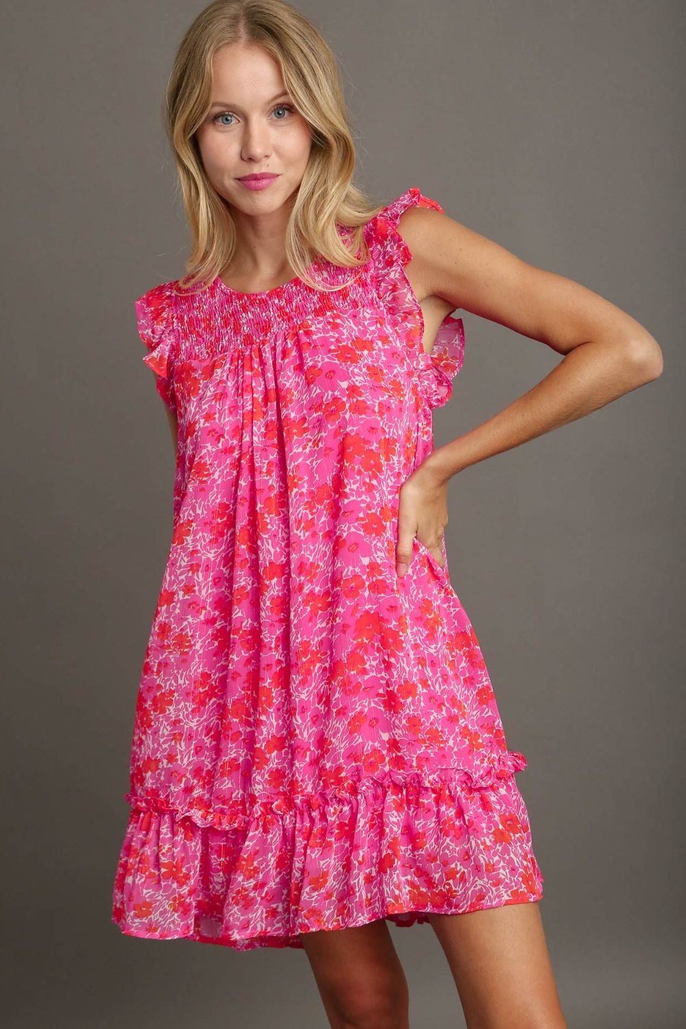 Pink Full Size Smocked Detail Floral Ruffle Cap Sleeve Dress Plus Size Glamorous & Feminine Dress Stevvex