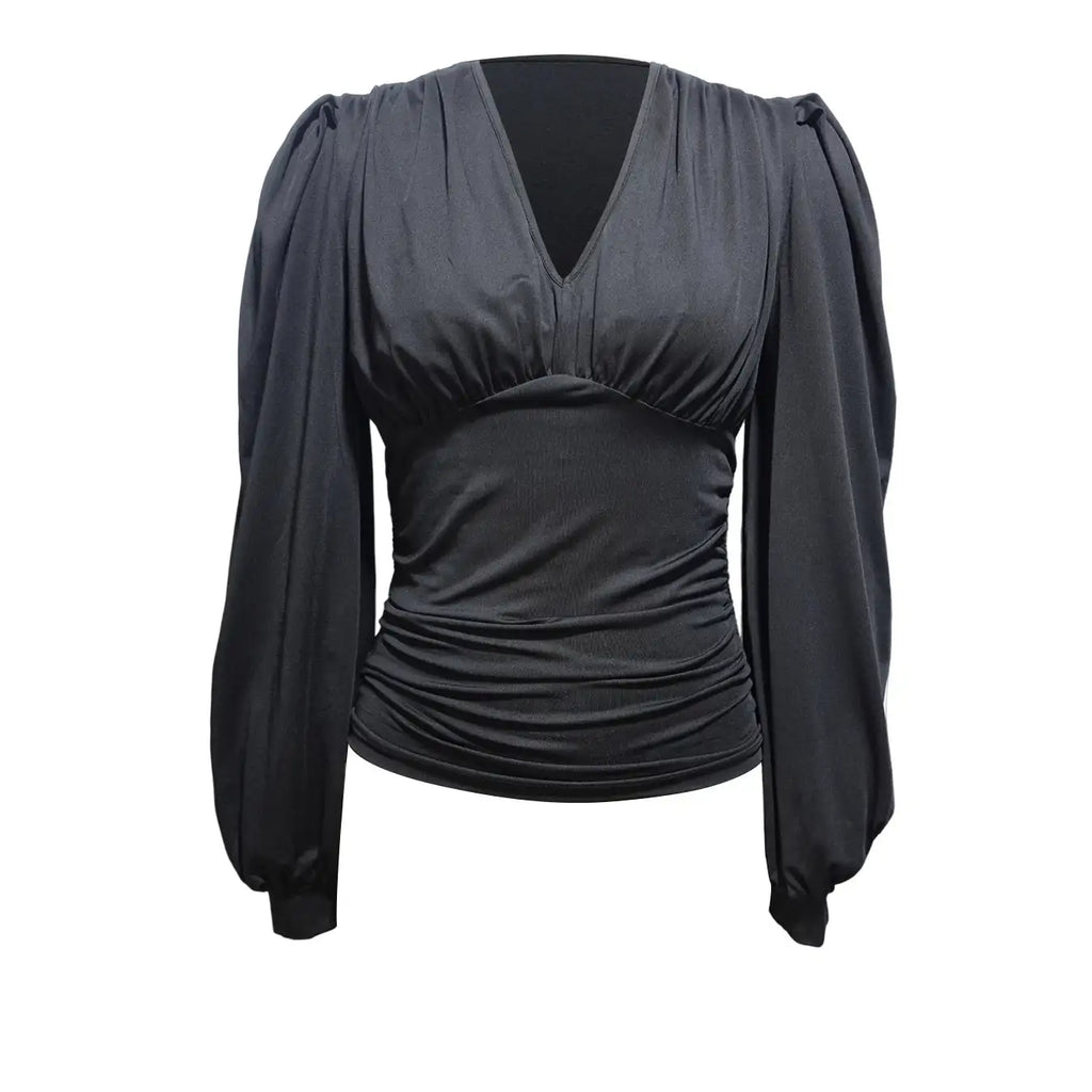 Ladies' Fashionable New Style Low Head Lantern Sleeve Pleated Top Casual V-neck Shirt - SJB-DIAMOND ELITES
