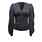 Ladies' Fashionable New Style Low Head Lantern Sleeve Pleated Top Casual V-neck Shirt - SJB-DIAMOND ELITES