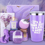 Lavender Bliss 8pcs Gift Set: Insulated Tumbler, Greeting Card, Hair Tie, Scented Candle, Bath Salts, Bath Bomb, Soap Bar - Alcohol-Free for All Skin Types Lootquake LLC