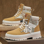 Men's Print Boots Autumn And Winter High-top British Style Comfy Breathable Casual Flat Shoes Outdoor Walking Running Boots Pi-Mart