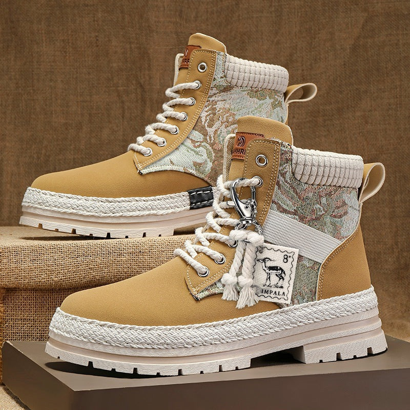 Men's Print Boots Autumn And Winter High-top British Style Comfy Breathable Casual Flat Shoes Outdoor Walking Running Boots Pi-Mart