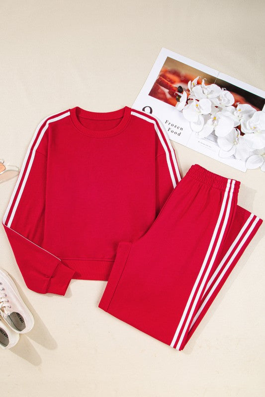 Varsity Stripe Crewneck Pullover and Sweatpants Set THRIXINE
