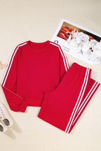 Varsity Stripe Crewneck Pullover and Sweatpants Set THRIXINE