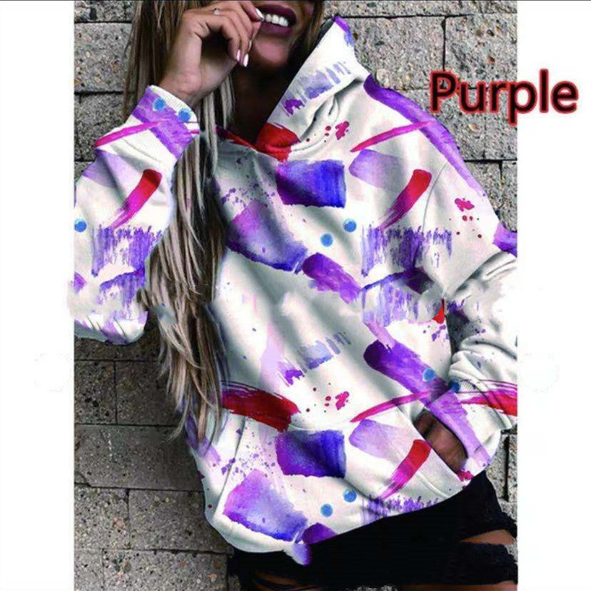 Loose Long Sleeve Pocket Print Hooded Sweatshirt