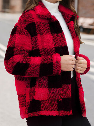 Beautiful Red Women Drop Shoulder Fuzzy Button-Up Jacket Soft And Comfortable Casual Fit Jacket Stevvex
