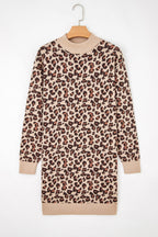 Khaki Leopard Print High Neck Shift Mini Sweater Dress - Femstylo