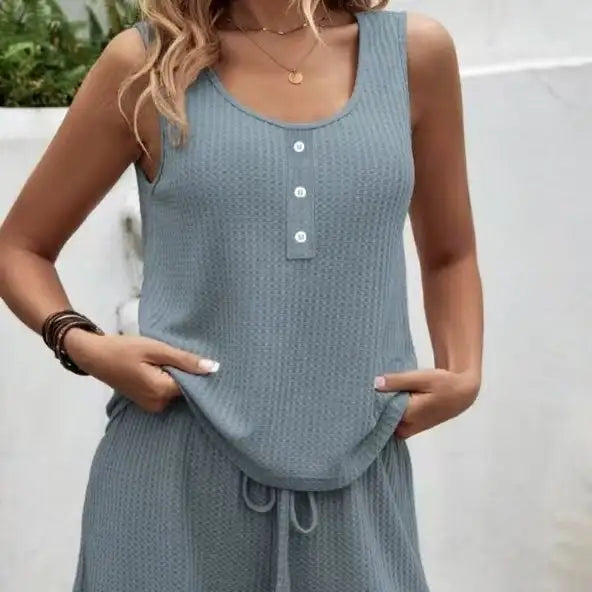 Women's Solid Color Set Knitted With Two-piece Vest Top And Drawstring Shorts Set - SJB-DIAMOND ELITES