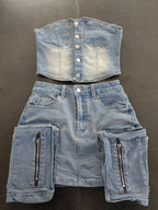 Y2k Fashion Vintage Washed Denim Set Women Off Shoulder Cropped Top Mini Skirt Jean Suit Summer Streetwear 2 Two Piece Outfits Purplish Diva