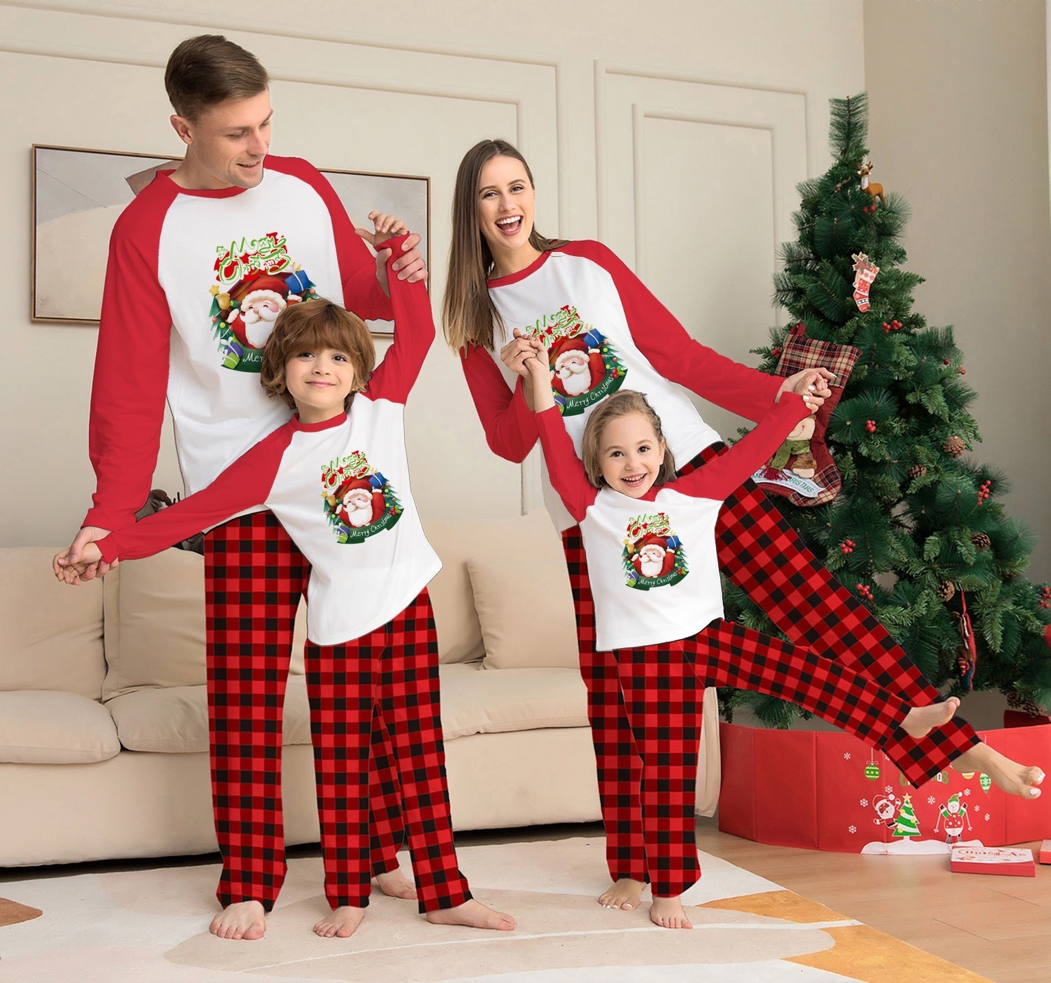 Parent-Child Clothes Set Long Sleeve T-Shirt Plaid Pants Family Matching Pajamas Pi-Mart
