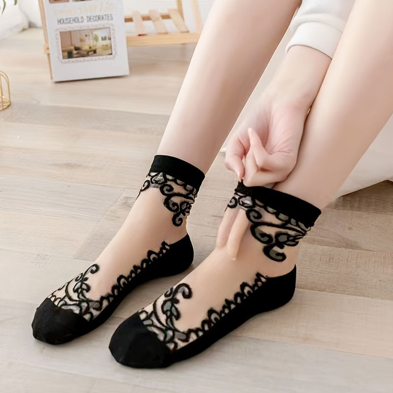 5 Pairs Embroidered Mesh Socks, Thin & Comfy Mid Tube Socks, Women's Stockings & Hosiery Lootquake LLC