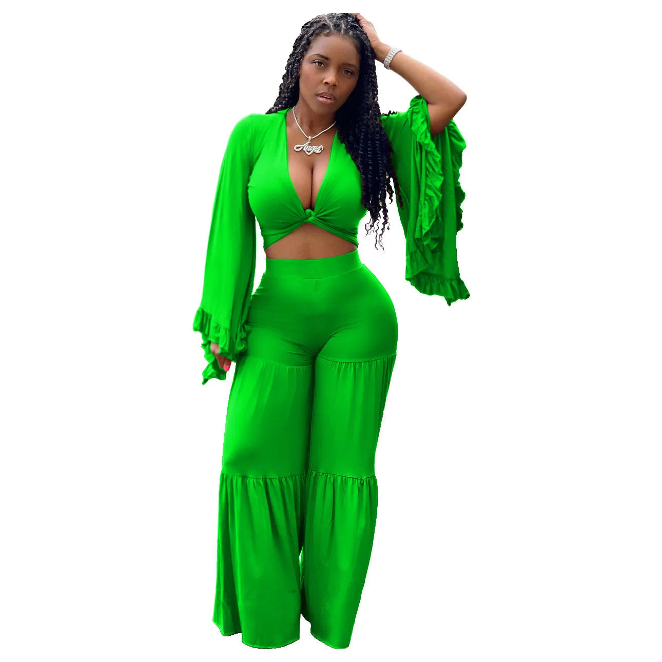 Casual Spring And Autumn For Women's Solid Color Long Sleeved Chest Wrap Top and Wide Leg Trousers Female Office 2 Piece Set Purplish Diva