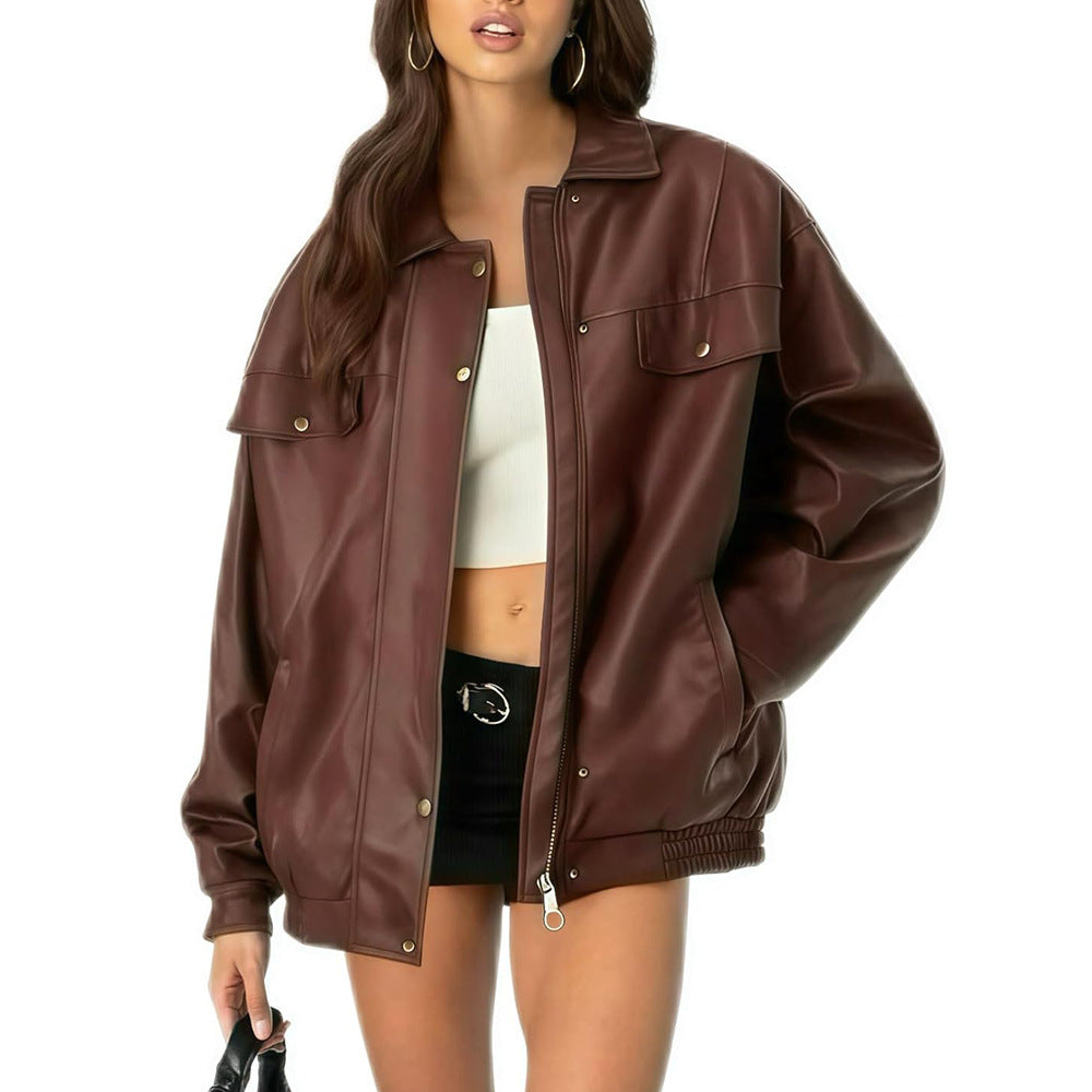 Women's Leather Jacket Loose Long Sleeve Lapel Motorcycle Jacket Pi-Mart