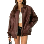 Women's Leather Jacket Loose Long Sleeve Lapel Motorcycle Jacket Pi-Mart