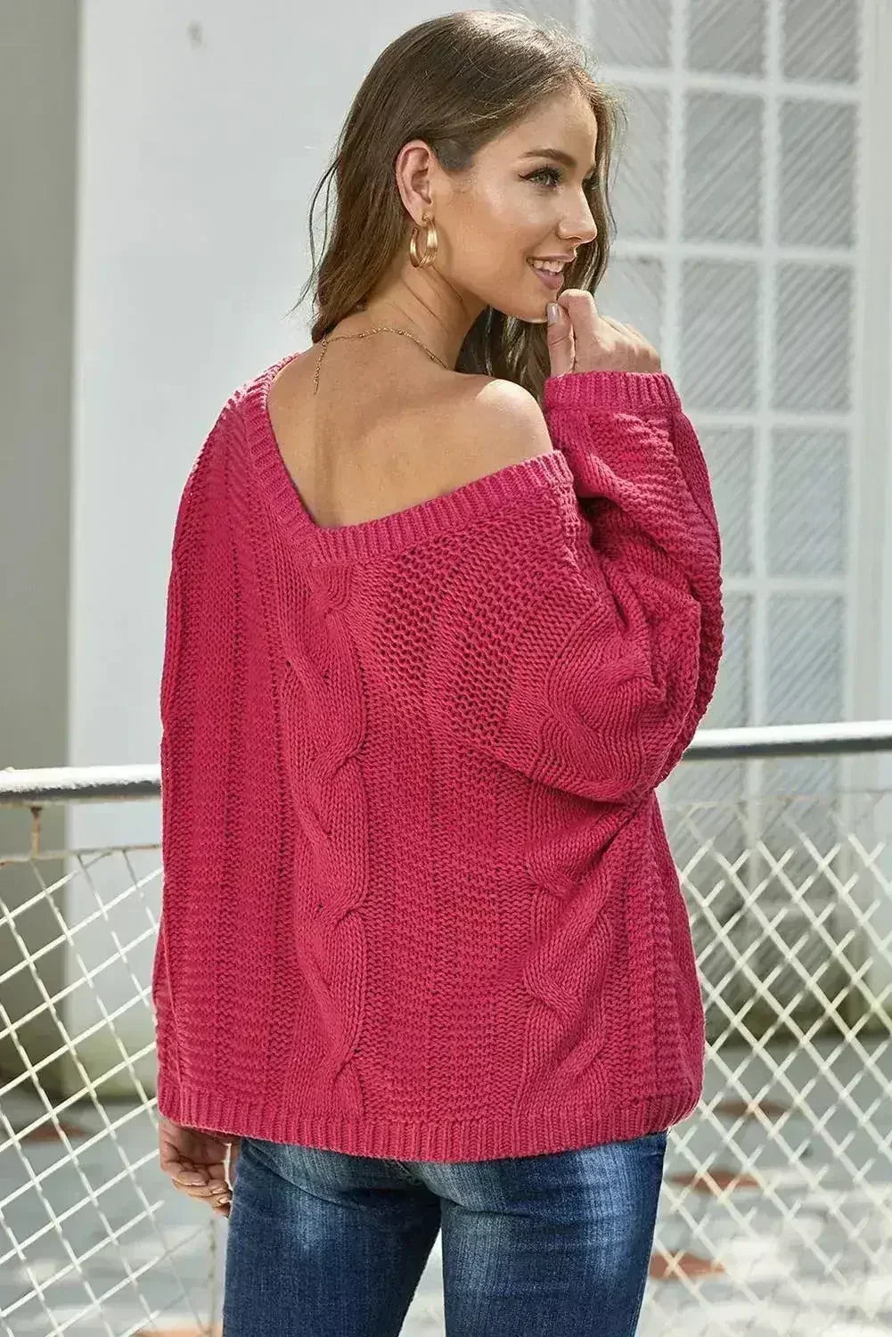 Casual Rose Bubblegum V-Neck Braided Knit Sweater - SJB-DIAMOND ELITES